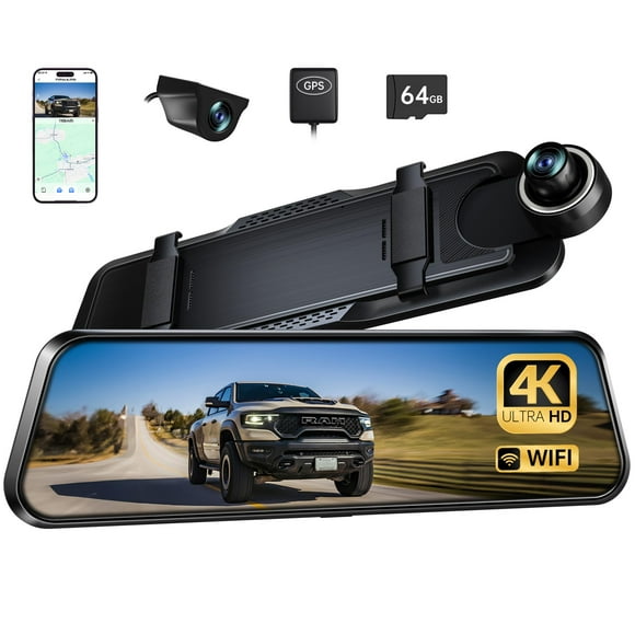 P10 Plus 4K WiFi Mirror Dash Cam, cámara de espejo retrovisor de 10" con tarjeta de 64 GB, Dash Cam cámara de respaldo delantera y trasera para automóviles, sistema de conducción inteligente ADAS, con