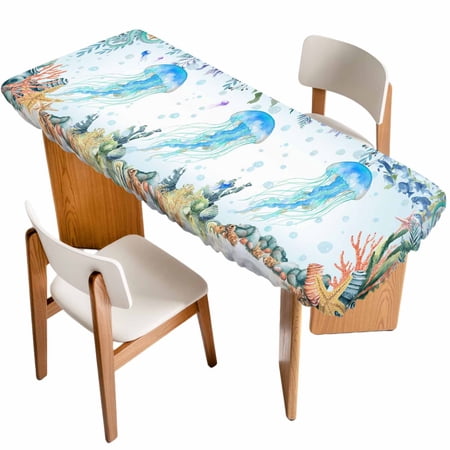 Jellyfish Coastal Table Cloths for 8 Foot Rectangle Tables Summer Nautical Starfish Coral Ocean Patio Waterproof Elastic Fitted Tablecloths Washable Rectangular Table Cover for Camping