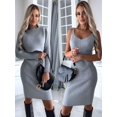 thumbnail image 6 of Women'S 2 Piece Sets Long-Sleeved Sweater Round-Neck Knitted Crop Top and V-Neck Slim Midi Dress Grey L, 6 of 8