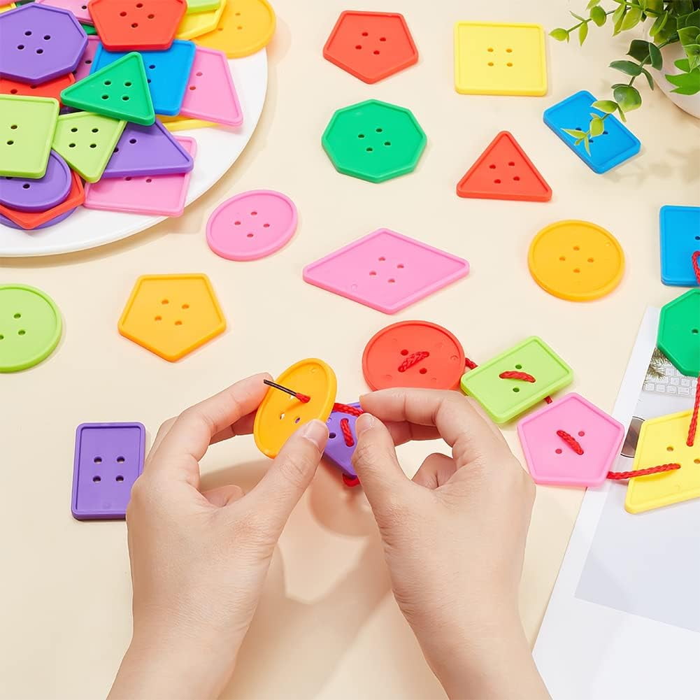 130PCS Big Bright Buttons Large Plastic Geometrical Shape Polyester Rope Vivid Colors Mixed