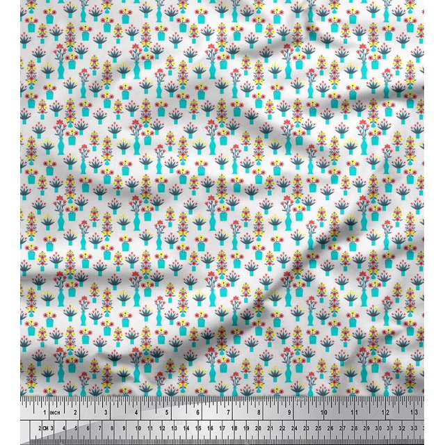 Soimoi Rayon Fabric Vase & Floral Small Print Sewing Fabric Yard 56 Inch Wide