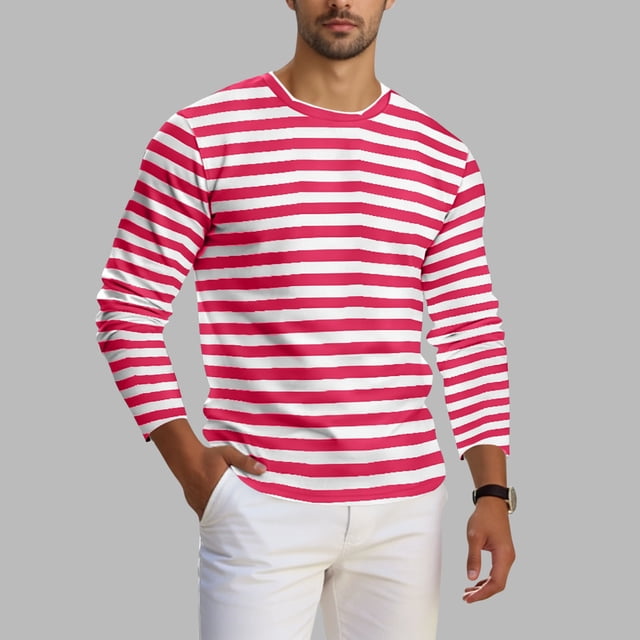 Ceisia Men's Spring Fall Casual Regular Fit Crew Neck Long Sleeve T-Shirt Multi-Color Striped Cotton-Like Jersey Stretch Fabric Red XXL Gifts