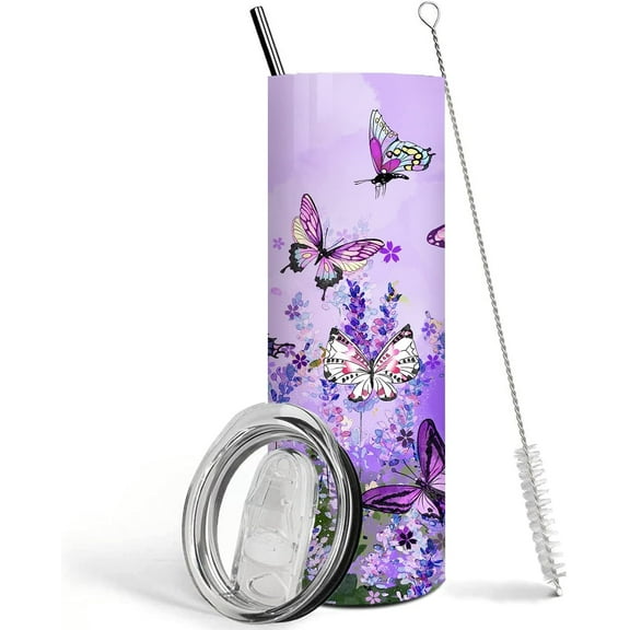 Butterfly Tumbler with Lid and Straw,Butterfly Gifts for Women Mom Daughter Girlfriend Teenage Girls Bridesmaid,Purple Butterfly 20 Oz Skinny Tumbler Water Bottle Travel Coffee Cup Mug