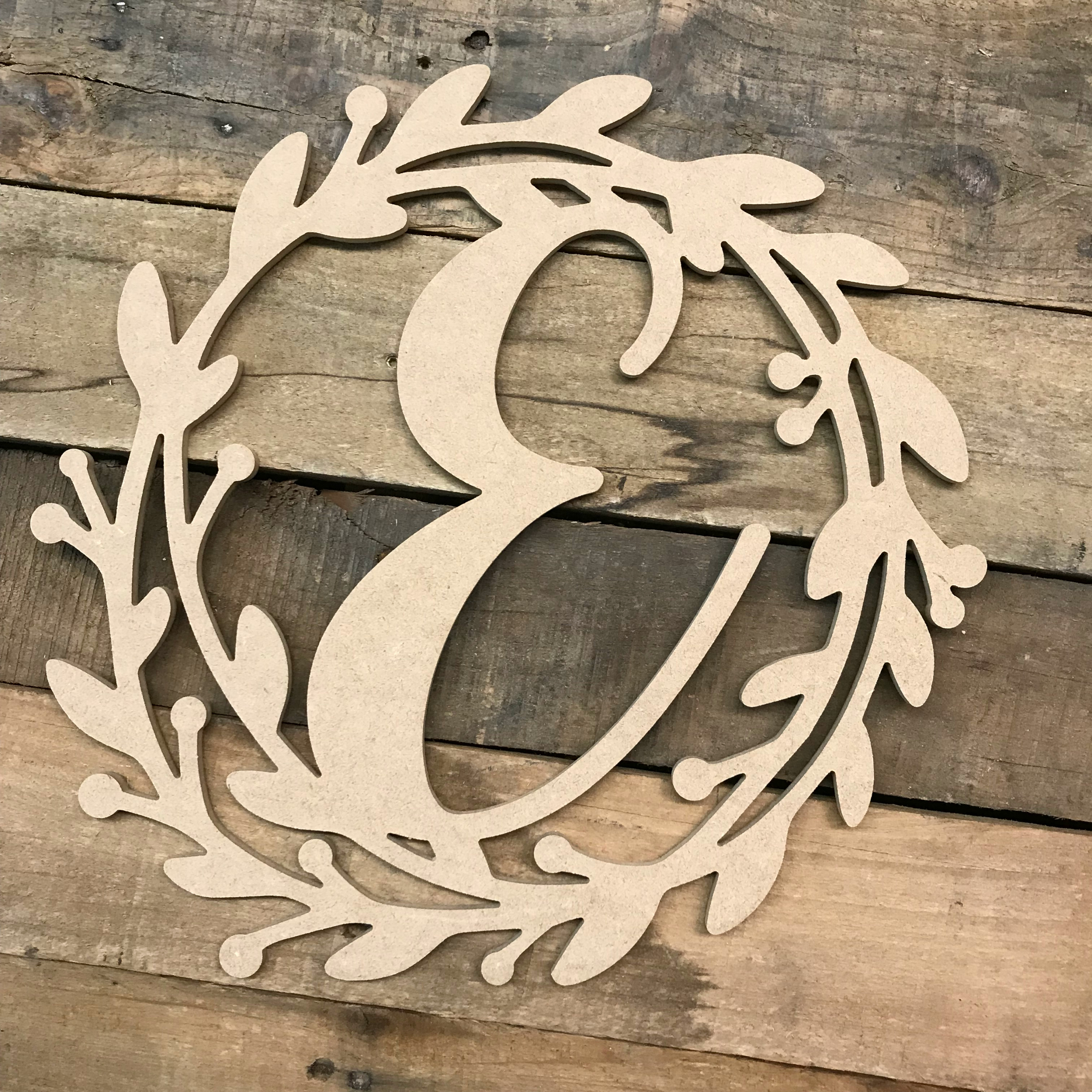 BuildACross Wooden Cursive Wreath Frame Monogram 12" E, Wood Letter