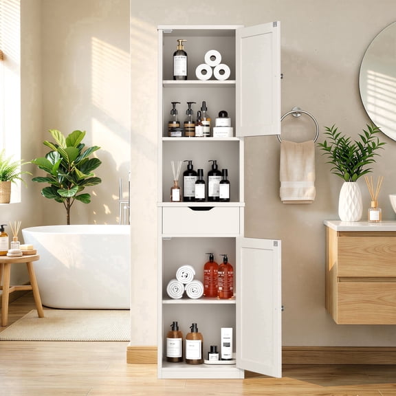 Walsunny Bathroom Storage Cabinet 64" Tall Narrow Wooden Bath Cabinet with Doors Shelves Drawer White