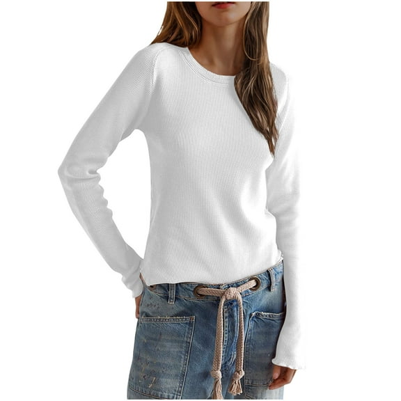 Kaemgyyd Womens Long Sleeve Tops Solid Color Shirt for Women Crew Neck Loose Casual Basic Tee Fall Classic Clothing