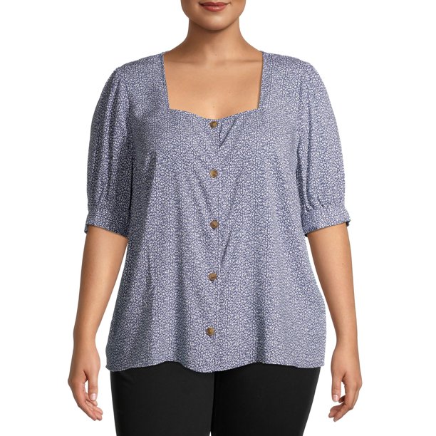 Como Blu Como Blu Women's Plus Size Square Neck ButtonFront Puff