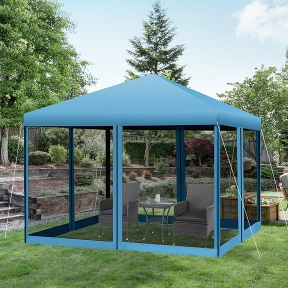Outsunny 10' x 10' Pop Up Canopy Tent with Netting, Instant Gazebo, Ez up Screen House Room with Carry Bag, Height Adjustable, for Outdoor, Garden, Patio, Light Blue