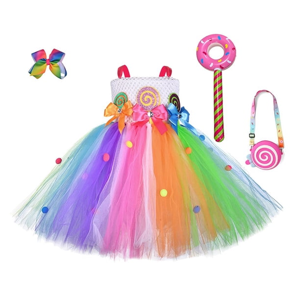 Vestido de princesa de caramelo arcoíris, vestido de baile para niñas, disfraz de piruleta, lazo de piruleta, ropa de fiesta de cumpleaños para niños, trajes 2-123-4Y(M) Gao Jinjia LED