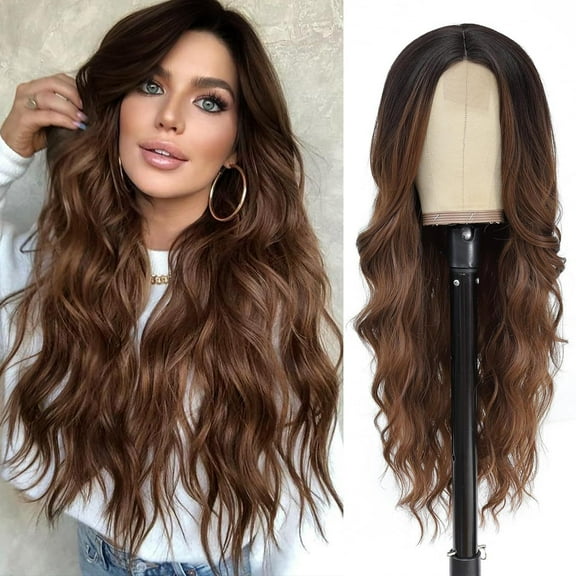Nvzi-c Wavy Wig No Bangs Middle Parted Cosplay Hair for Daily Party(25.6in，Brown，A09)