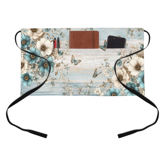 Teal Blooms Kitchen Restaurant Half Waist Apron, Art Teal Beige Floral Blue Butterfly Leaf Botanical Rustic Server Short Apron with 3 Pockets Waterproof Oil Waist Aprons for Women Waitress Waiter