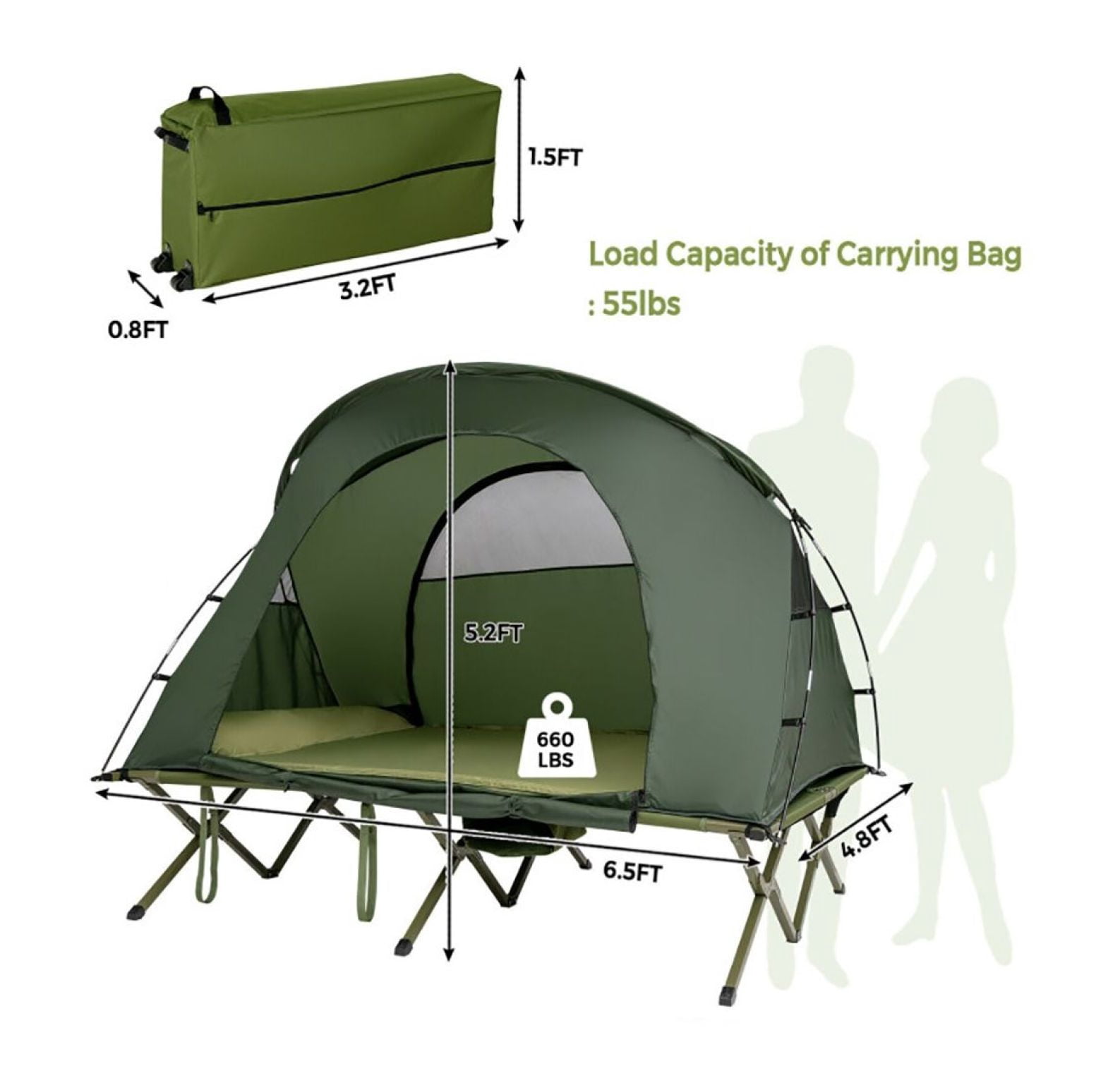 2-Person Camping Tent Cot, Outdoor Waterproof Tent with Self-Inflating Mattress, Portable 4-in-1 Camping Bed with Cover & Roller Bag