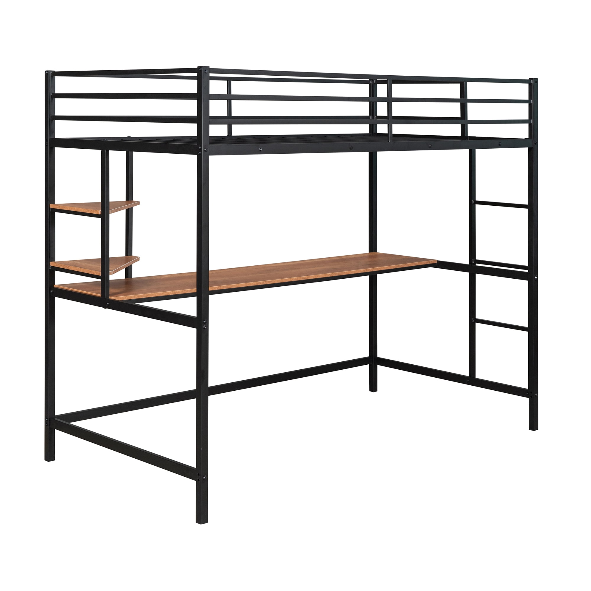 Gewnee Twin Heavy Duty Metal Loft Bed Frame  with Desk and Shelves ,Ladder and Full-Length Guardrail,Black