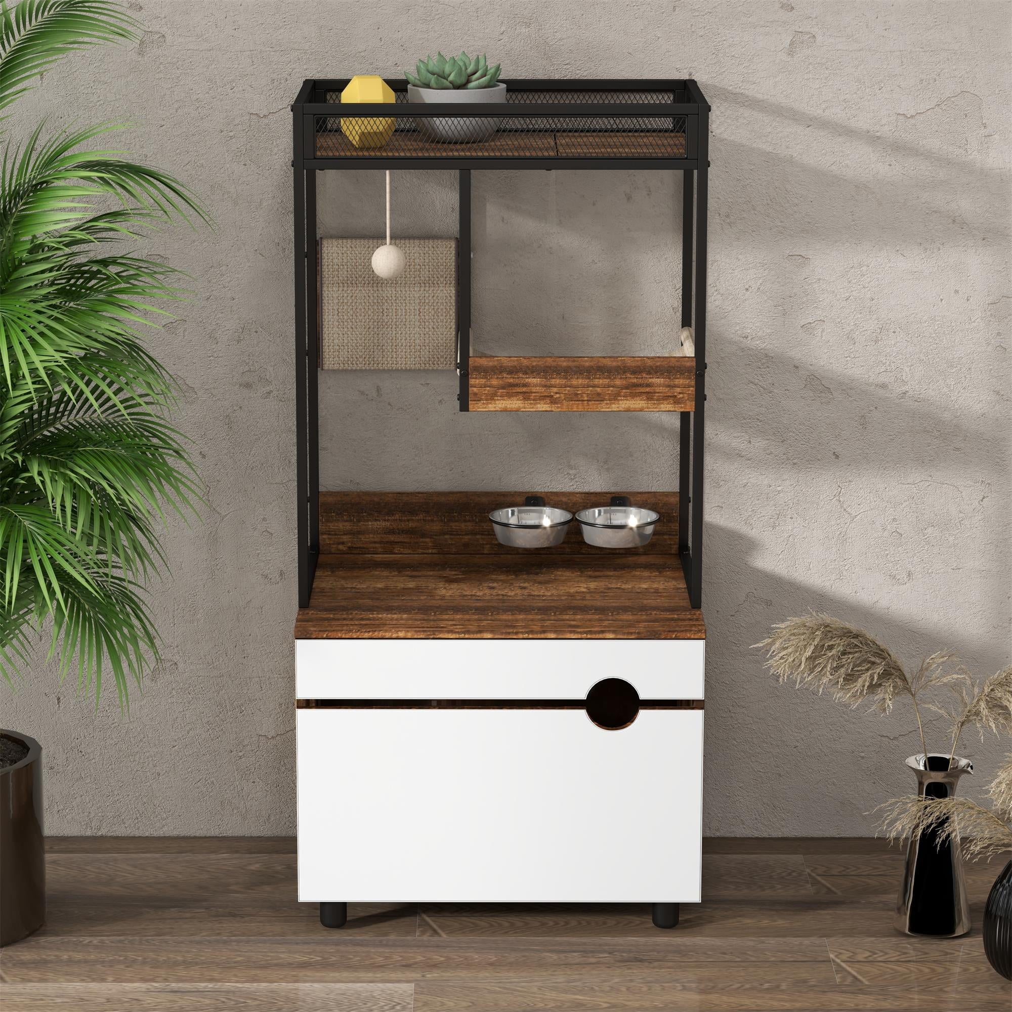 resenkos 48" Hidden Cat Litter Box Furniture with Cat Tree Tower, Cat House Enclosure with Scratching Pads and Hammock, Brown