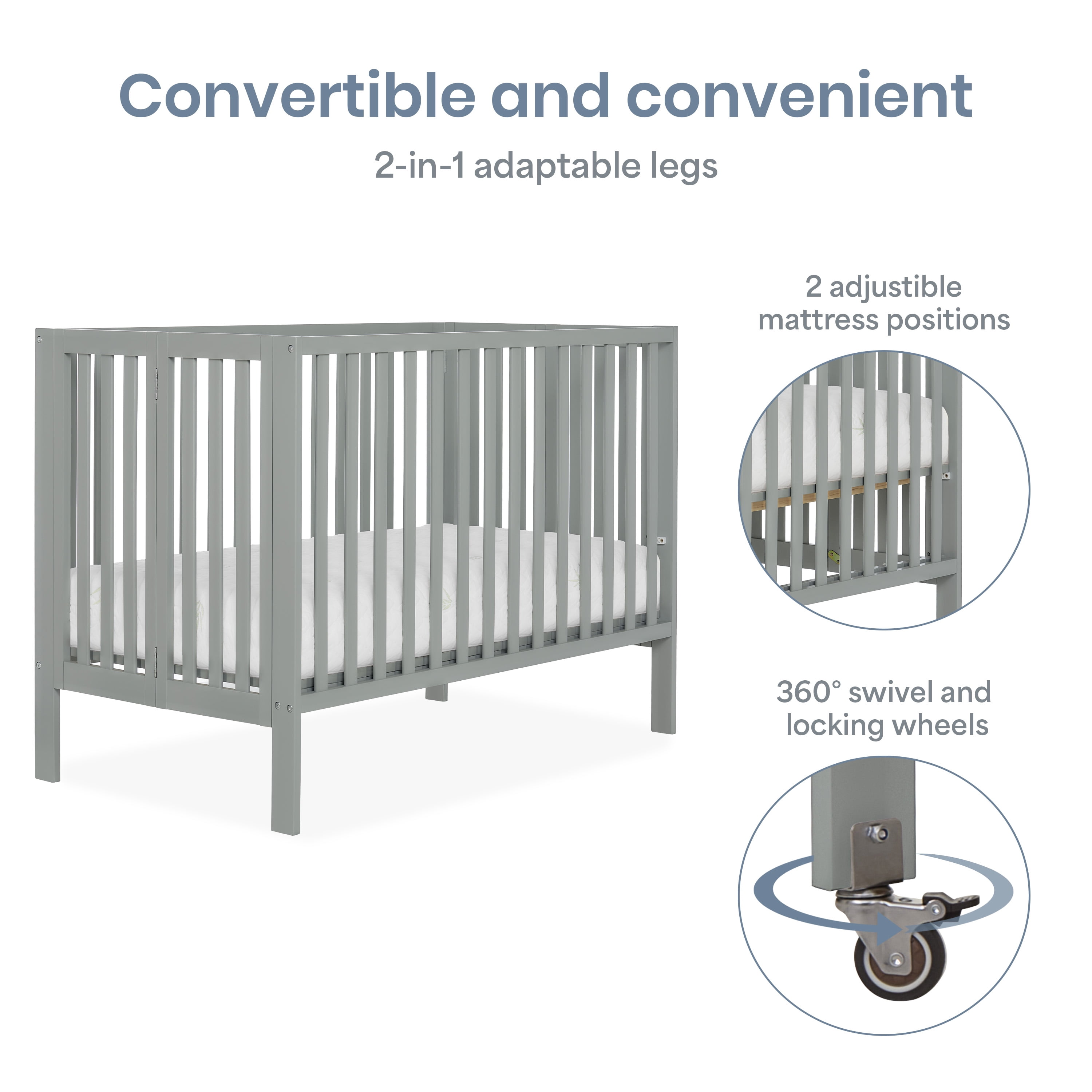 Dream On Me Quinn Full-Size Folding Crib, Removable Wheels, Modern Nursey, Adjustable Mattress Support, Patent Folding System in Cool Gray