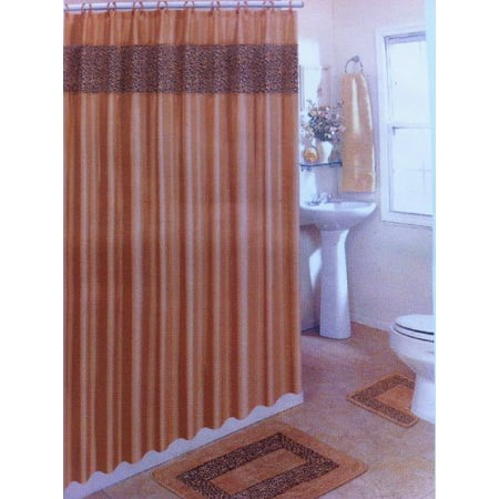 4 Piece Bath Rug Set /Brown Leopard Bathroom Rugs with Fabric Shower Curtain and Matching Mat 