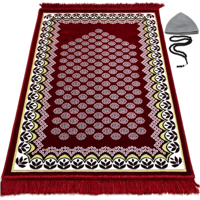 Tapis de Prière Modefa - Velours Fin Namaz Sajadah Janamaz Floral Marguerite Arche (Rouge)