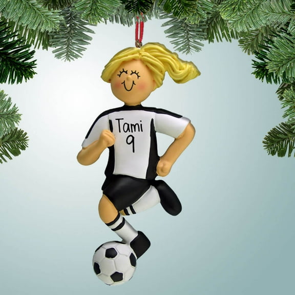 Personalized Black Uniform - Female Dribbler Blonde Hair Christmas Ornament - Gifts for a Soccer Team - Goals - Striker - Midfielder - Futbol - Football - Great Gift Ideas
