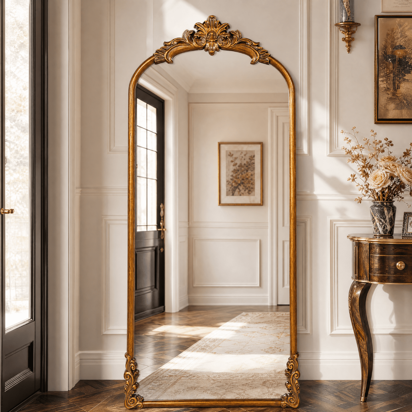 VORENTA 71"x32" Vintage Floor Mirror Arched Full Length Mirror Baroque Carved Wall Mounted Decor Traditional Ornate Mirror with Stand, Antique Bronze