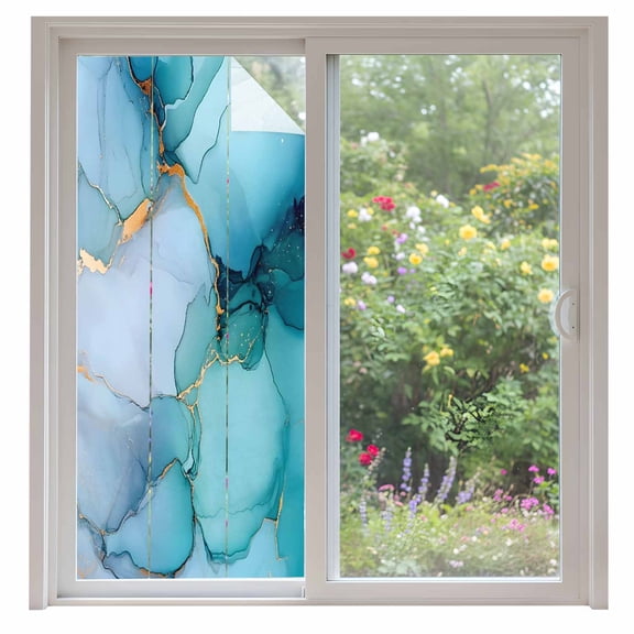 Teal Blue Marble Window Privacy Film, Modern Abstract Art Marble Crack Static Cling UV Sun Blocking Heat Control Window Tint Day and Night, Non-Adhesive One Way Windows Privacy Cover 35.4''x78.7''