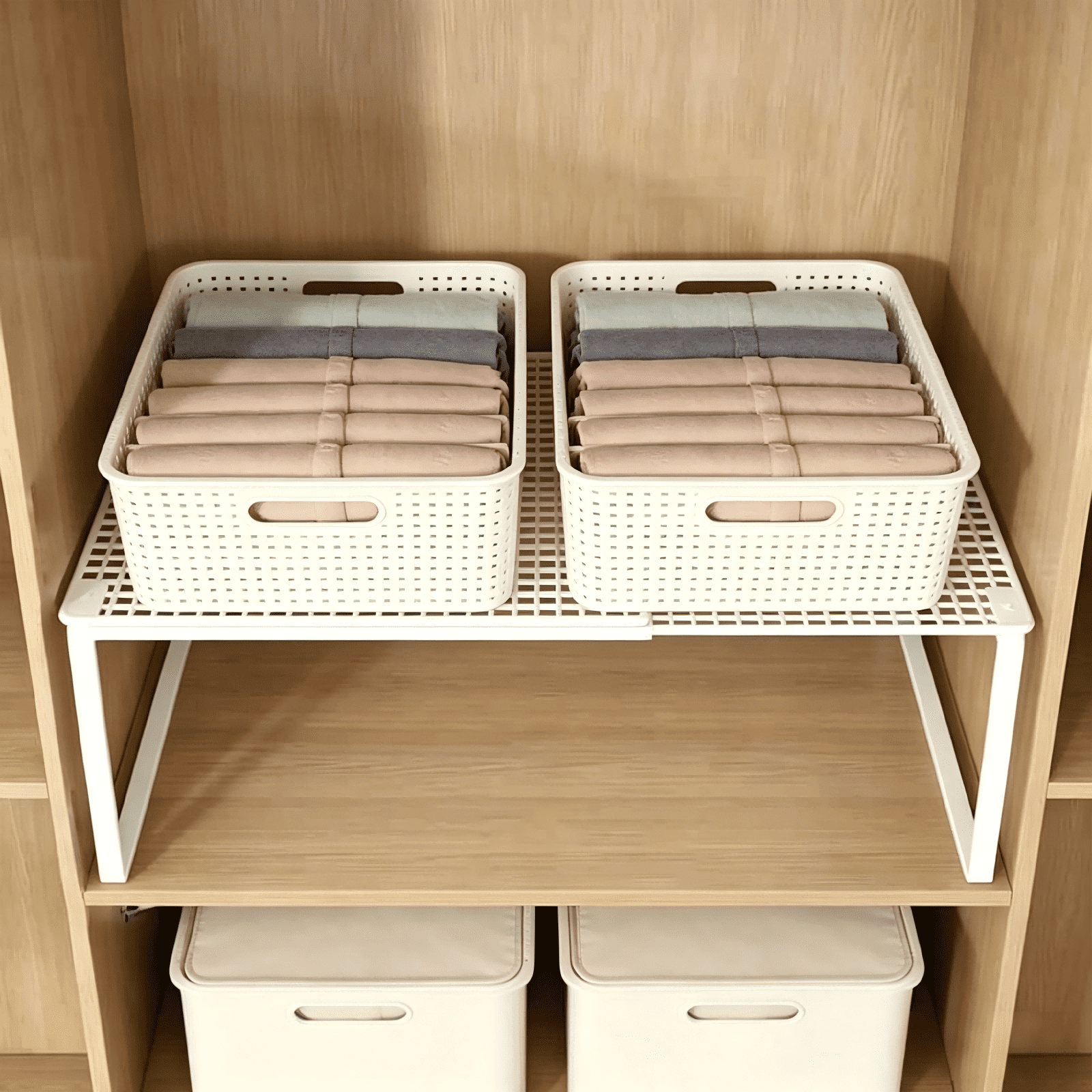 Expandable Cabinet Storage Shelf, Stackable Organizer Rack for Kitchen Bathroom Pantry, Space Saving Shelf for Counter Desk, 12.2x10.6x15-24.4 Inch