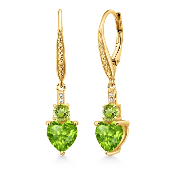 Gem Stone King 18K Yellow Gold Plated Silver Green Peridot and White Lab Grown Diamond Drop Dangle Earrings for Women (3.03 Cttw, Heart Shape 7MM, Round 4MM)