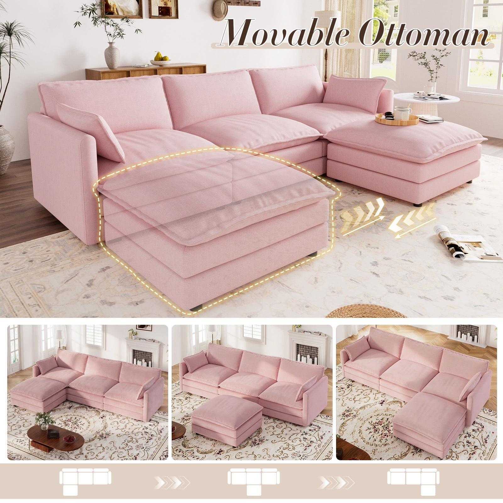 Muumblus Sectional Cloud Couch with Reversible Ottoman, L-Shaped Chenille Sofa for Living Room, Pink