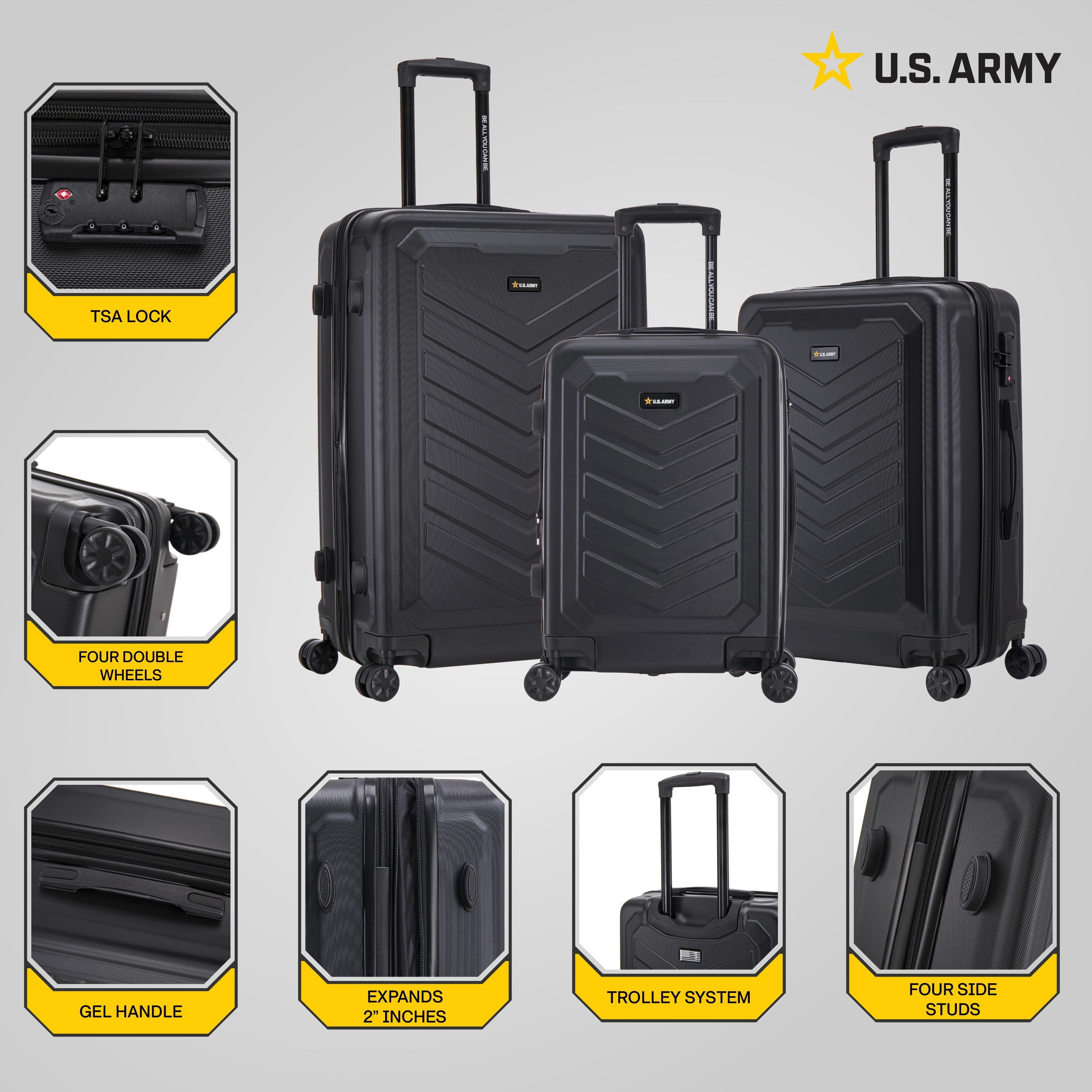 US ARMY FOX PRO 3-piece Luggage Set 20"/24"/28" Expandable Suitcases with TSA Lock Black