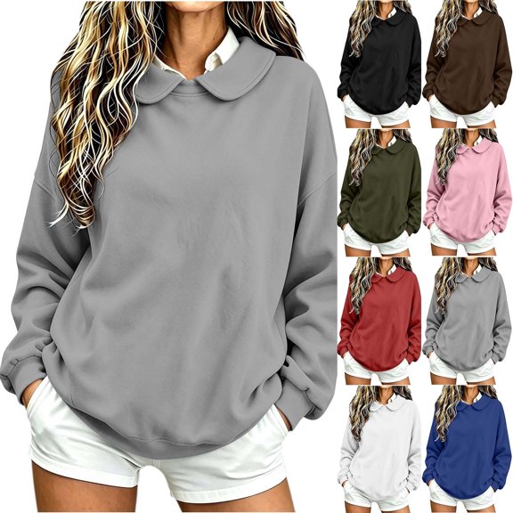 Lcziwo Womens Peter Pan Collar Sweatshirt Cuffed Long Sleeve Solid Pullover Oversized Casual Fall Winter Outfits White,L