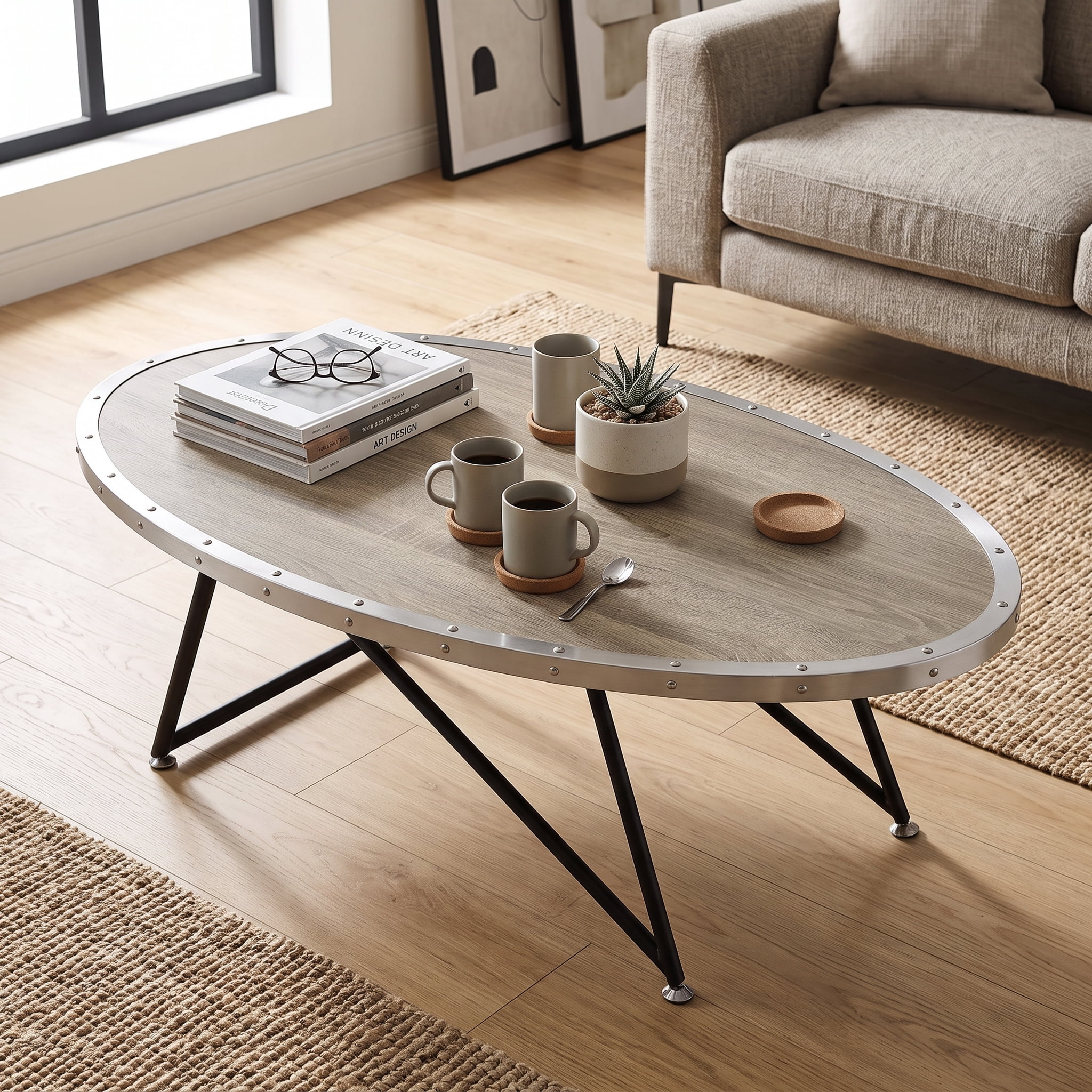 Coffee Table, Gray Oak & Metal Finish
