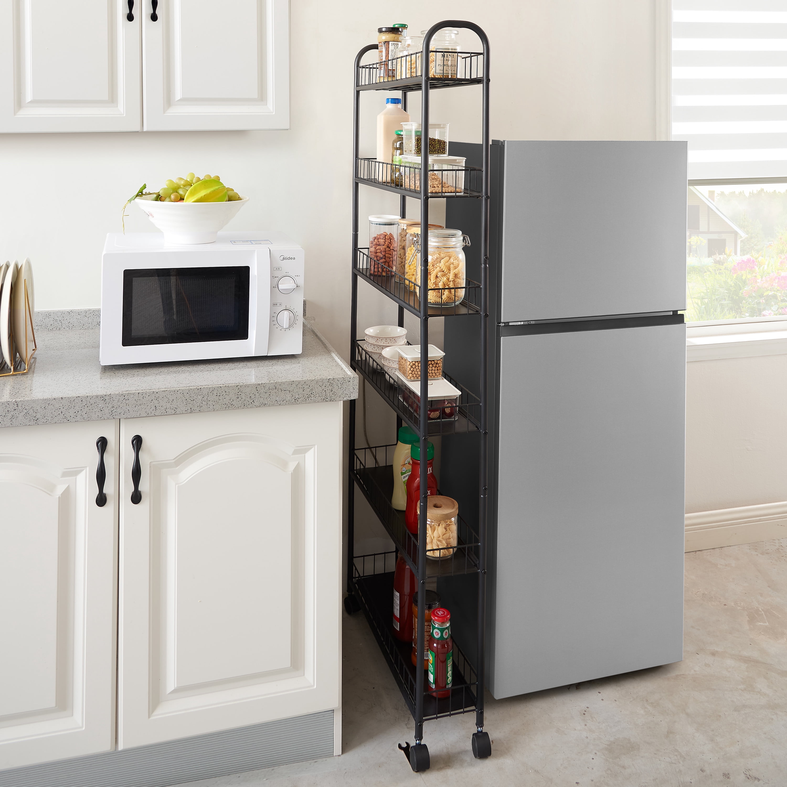 6‑Tier Slim Rolling Gap Storage Cart with 6 Baskets, Narrow Slide‑Out Utility Tower Rack with Lockable Wheels for Kitchen Bathroom Laundry Washer‑Dryer Gap Storage