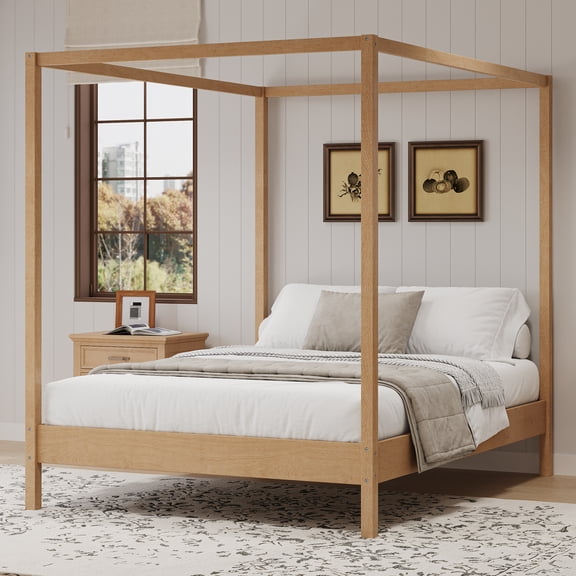 Euroco Queen Size Canopy Bed, Wood Platform Bed with Four Poster, Natural