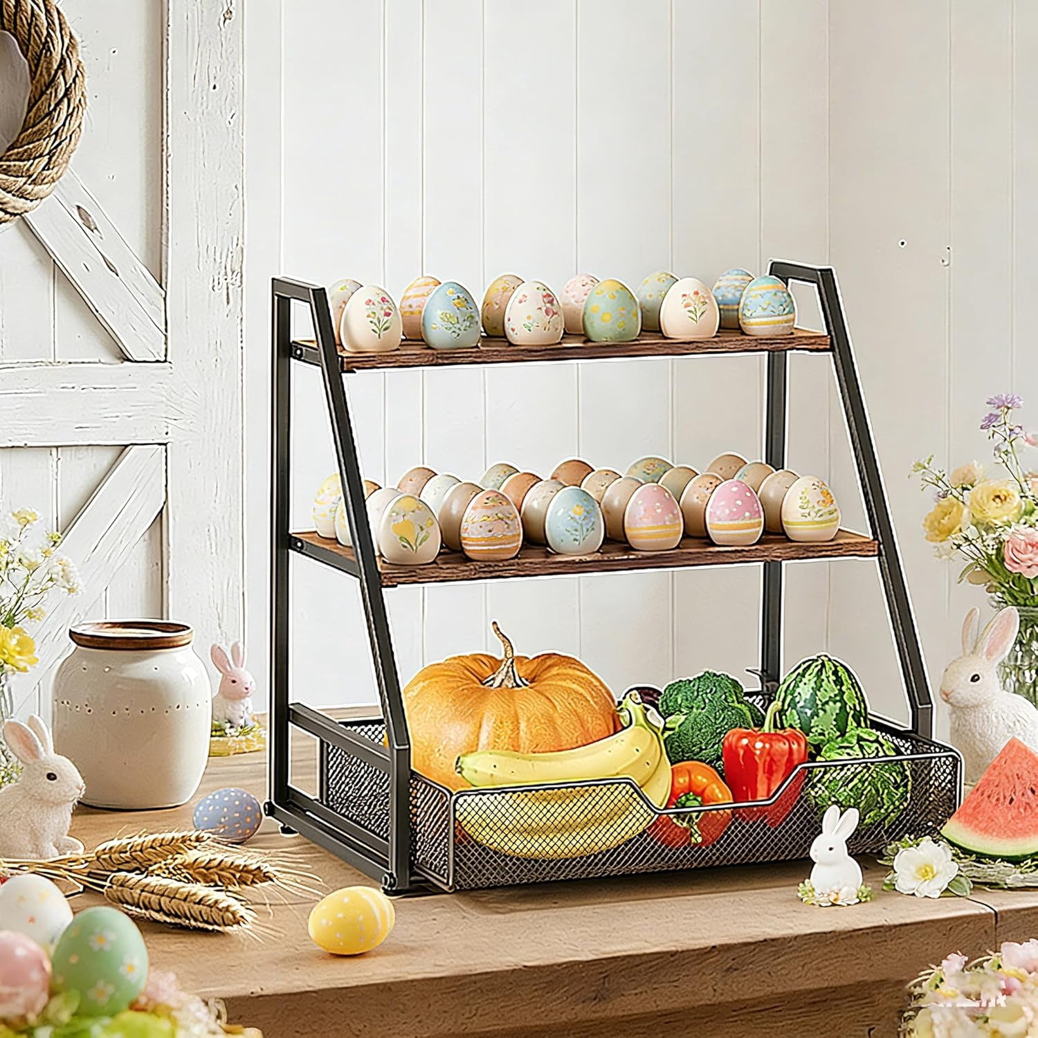 3-Tier Wooden Fresh Egg Holder Countertop With Basket for 36+90 Eggs, Wooden Egg Holder Countertop with Carry Handle for Gathering 150+ Eggs, Duck, and Quail Eggs