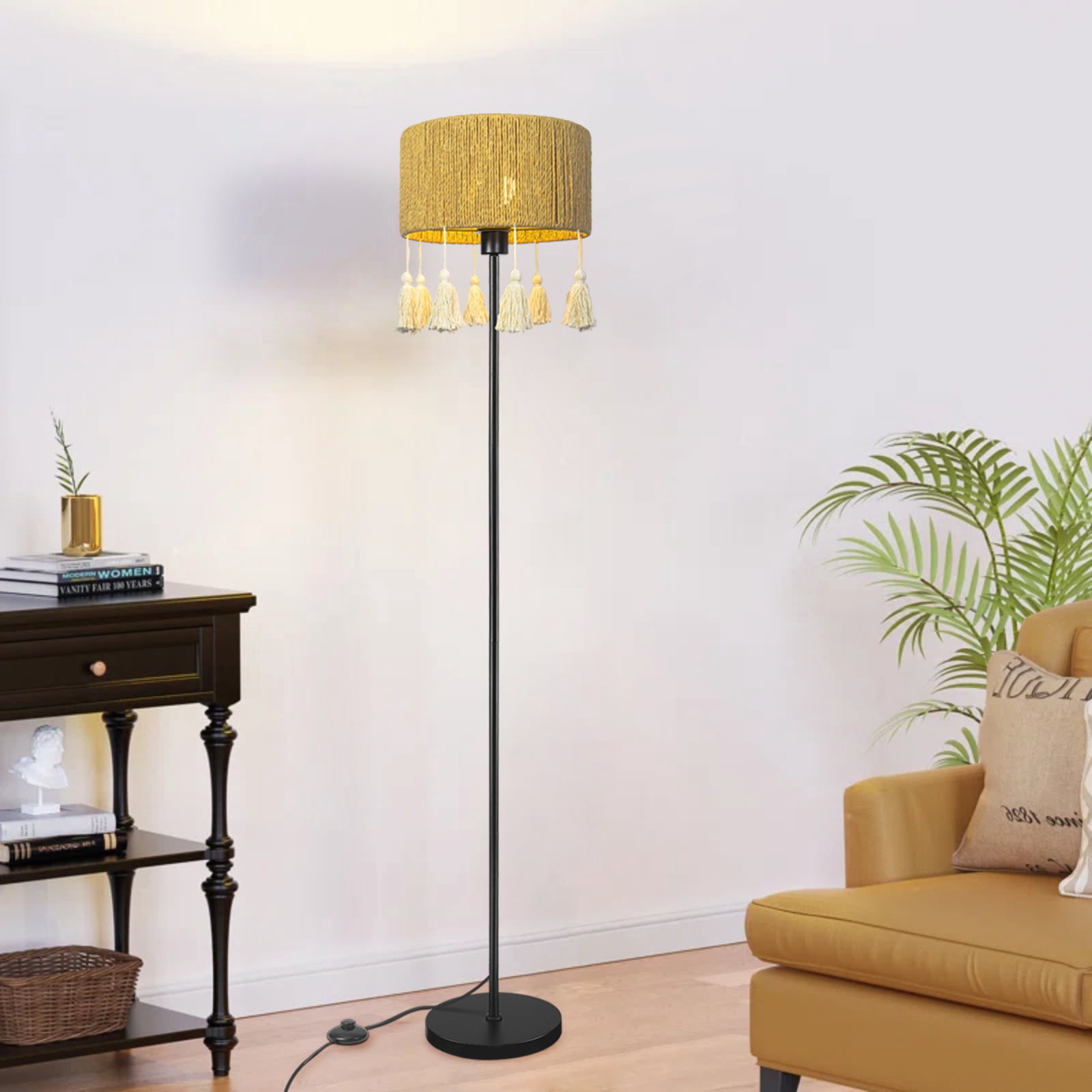 Paper Woven Fringe Floor Lamp with Foot Switch, Standing Lamp for Living Room Bedroom Sofa Reading