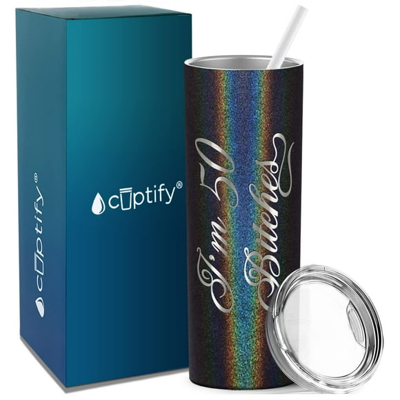 I'm 50 Funny 50th Birthday Gifts For Women 20 oz Skinny Tumbler on Black Glitter Decorations Funny Present Vacuum Insulated Cup with Straw Lid