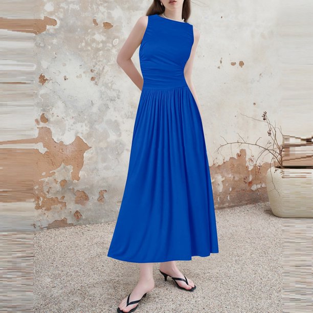 WILLBEST Vestidos De Mujer Vestido Casual Sin Mangas De Color Sólido Para Mujer Vestido Midi De Verano Con Cintura Ajustada A La Moda
