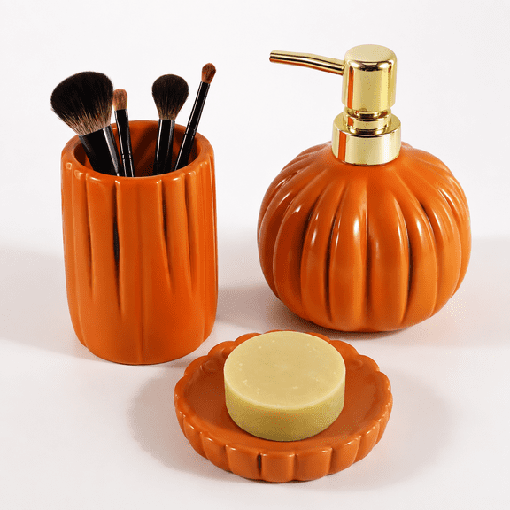 Embossed Pumpkin-Orange 3pc Ceramic Bathroom Accessories Set for Countertop Fall Decor