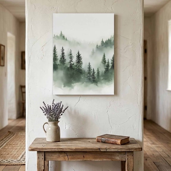 Ships Next Day Canvas Wall Art 8"x12", Foggy Forest Wood Framed Canvas Print Painting, Green Mist Mountain Natural Landscape Ready to Hang Small Picture Wall Decor for Home Hallway Bathroom Bedroom
