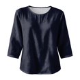thumbnail image 4 of JULMCOMO Cotton Linen Shirts for Women Crew Neck 3/4 Sleeve Loose Fit Vintage Blouses Casual Comfy Spring Fall Shirts Navy 3XL, 4 of 7