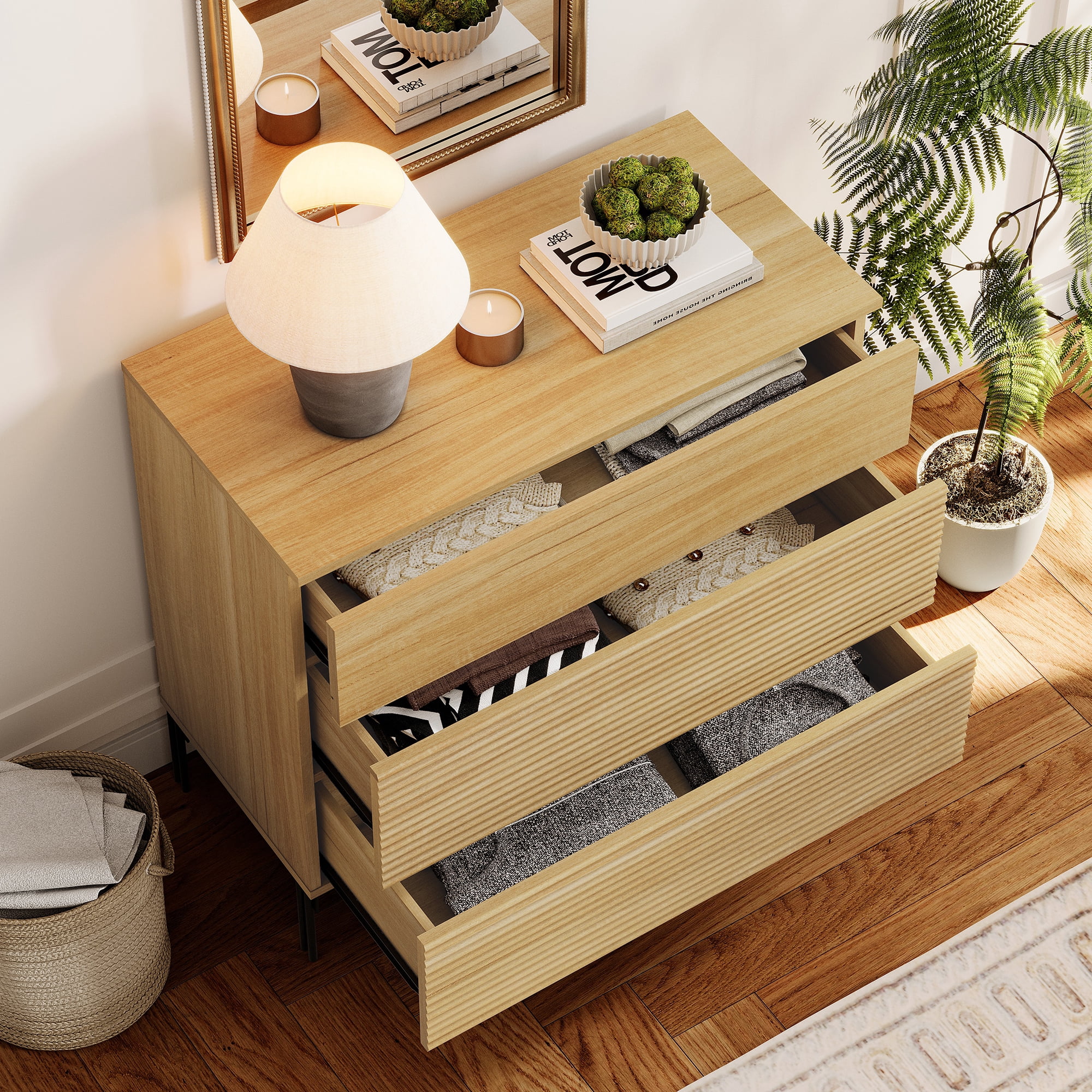 31.5" Wood Accent Chest with Drawers, Modern Credenza Storage Cabinet with Reeded Design for Living Room, Kitchen, Dining Room, Hallway