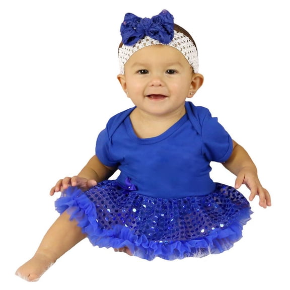 Petitebelle Single Color Bodysuit Sequins Tutu Baby Dress Nb-18m (Blue, 3-6 Months)