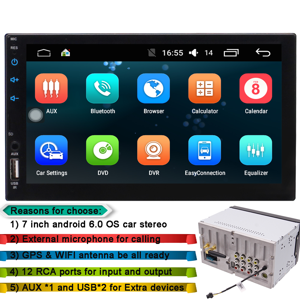Universal Double DIN Android 6.0 Headunit Stereo Receiver with 7" Touch