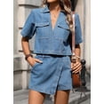 thumbnail image 2 of Women'S Denim 2 Piece Outfits Summer Lapel V Neck Crop Top Jean Skirt Shorts Set with Pockets  Set M, 2 of 8