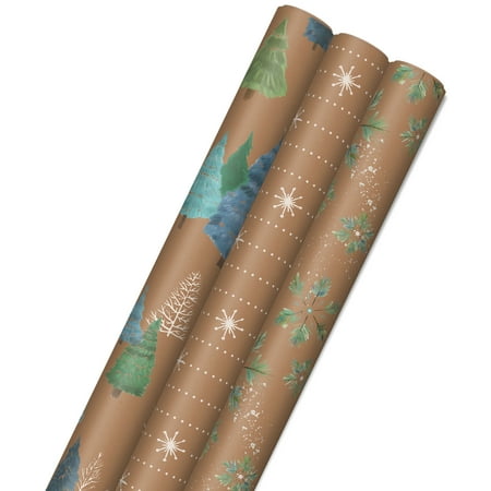 Hallmark Holiday Sustainable Kraft Tri-Pack with Cut Lines on Reverse (3 Rolls: 90 sq. ft. ttl) Wintry Nature: White Snowflakes  Blue and Green Foliage  Christmas Trees