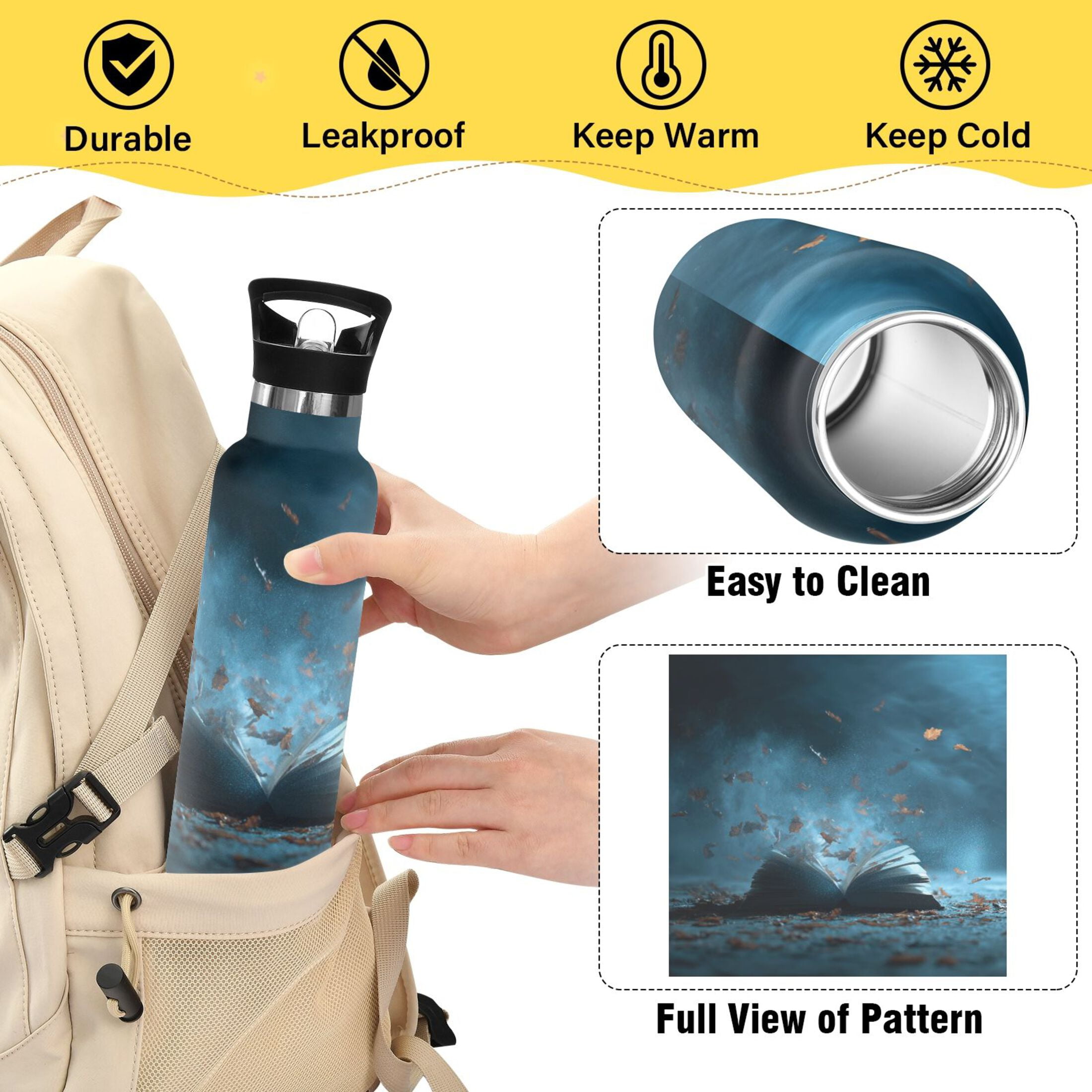 Kids Insulated Stainless Steel Sports Water Bottle 600ml (20oz) Opened Book Pages
