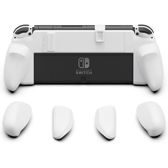 Skull & Co. NeoGrip: an Ergonomic Grip Hard Shell with Replaceable Grips [to fit All Hands Sizes] for Nintendo Switch OLED and Regular Model - White