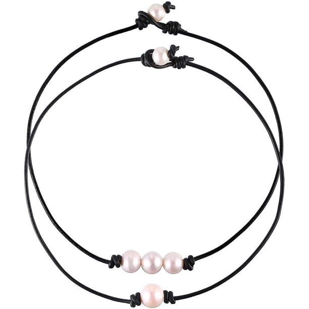Zhuge Collar de 2 piezas con una sola perla de agua dulce y gargantilla de 3 perlas de agua dulce en cordón de cuero negro para niñas y mujeres