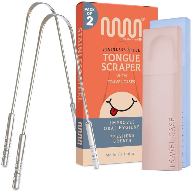 MasterMedi Raspador de lengua para adultos con estuches de viaje multicolores (paquete de 2) 100% acero inoxidable Reduce el mal aliento Limpiador de lengua fácil de usar para cuidado e higiene bucal