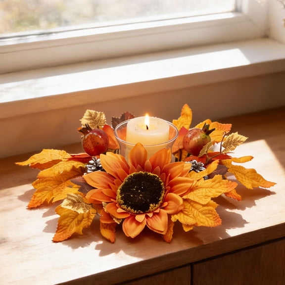 Clearance Under $4 Classic Fall Candle Ring – 12-Inch Wreath with Pumpkins Sunflowers Berries for Table Centerpiece, Style 311, 1-Pack