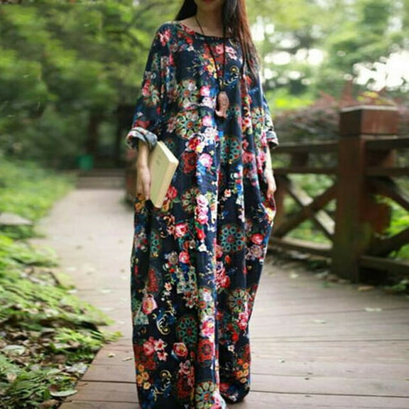 Sentmoon Loose Fit Womens Dresses Long Sleeve Crew Neck Fall Dresses for Women 2024 Casual Fashion Cotton Linen Print Short Dresses,Plus Size Sexy Women Clothing Dark Blue XXXXXL Up to 50% off